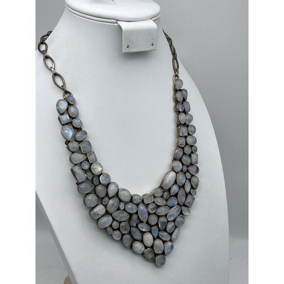 Vintage Signed 925 Moonstone Bib Necklace Statement Piece - Picture 4 of 16